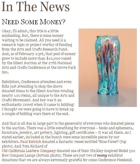 Katrich Vessel 1620, 'Blue Forest' in Arts And Crafts Collector article.