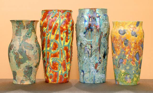 Iridescent pottery by Paul Katrich at 2004 Solo Show in NYC - Four Seasons grouping.