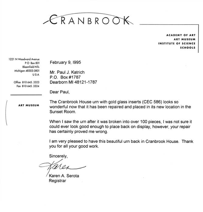 [Letter from Cranbrook regarding Paul J. Katrich and Restored Cranbrook Urn]